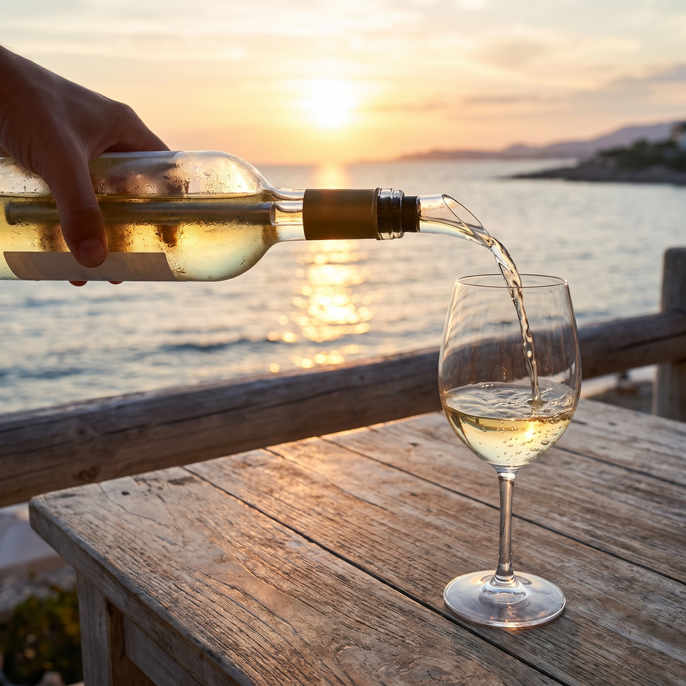 Vin blanc servi en terrasse au coucher du soleil avec Vinélia